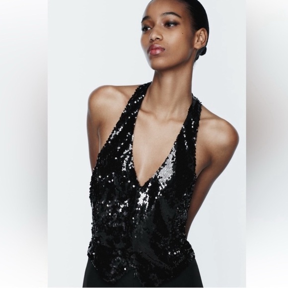 Zara Sequin Vest Halter Jumpsuit Open Back V- neck Black size S - Picture 3 of 12